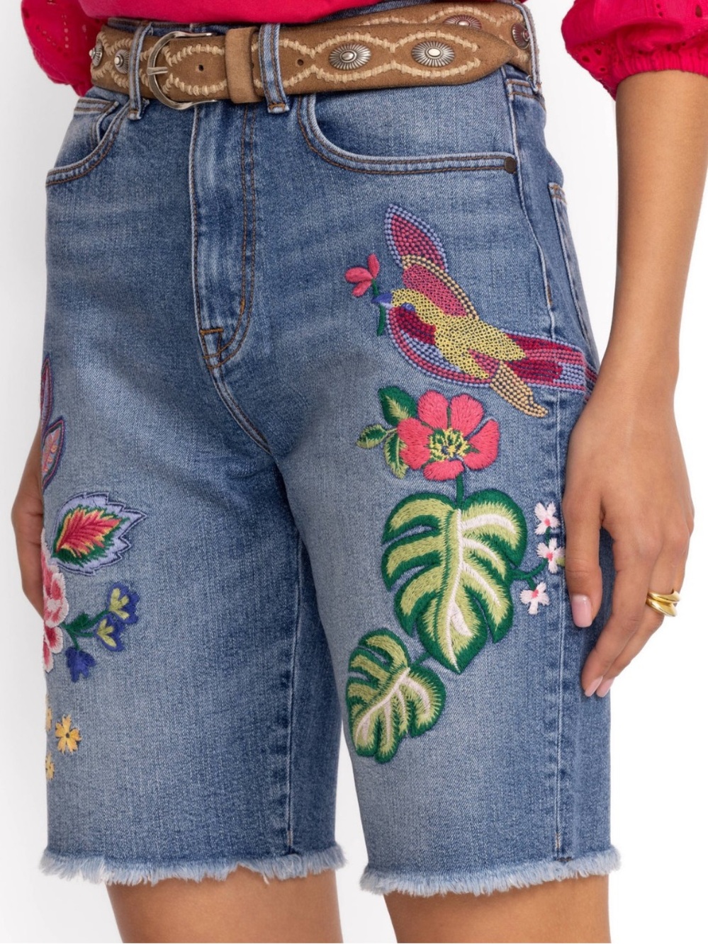 NWOT- JOHNNY WAS -Denim Bermuda Shorts with Colorful Embroidery - Blue